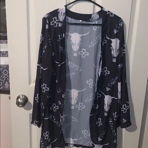 Bull skull, cross, feather cardigan size xl